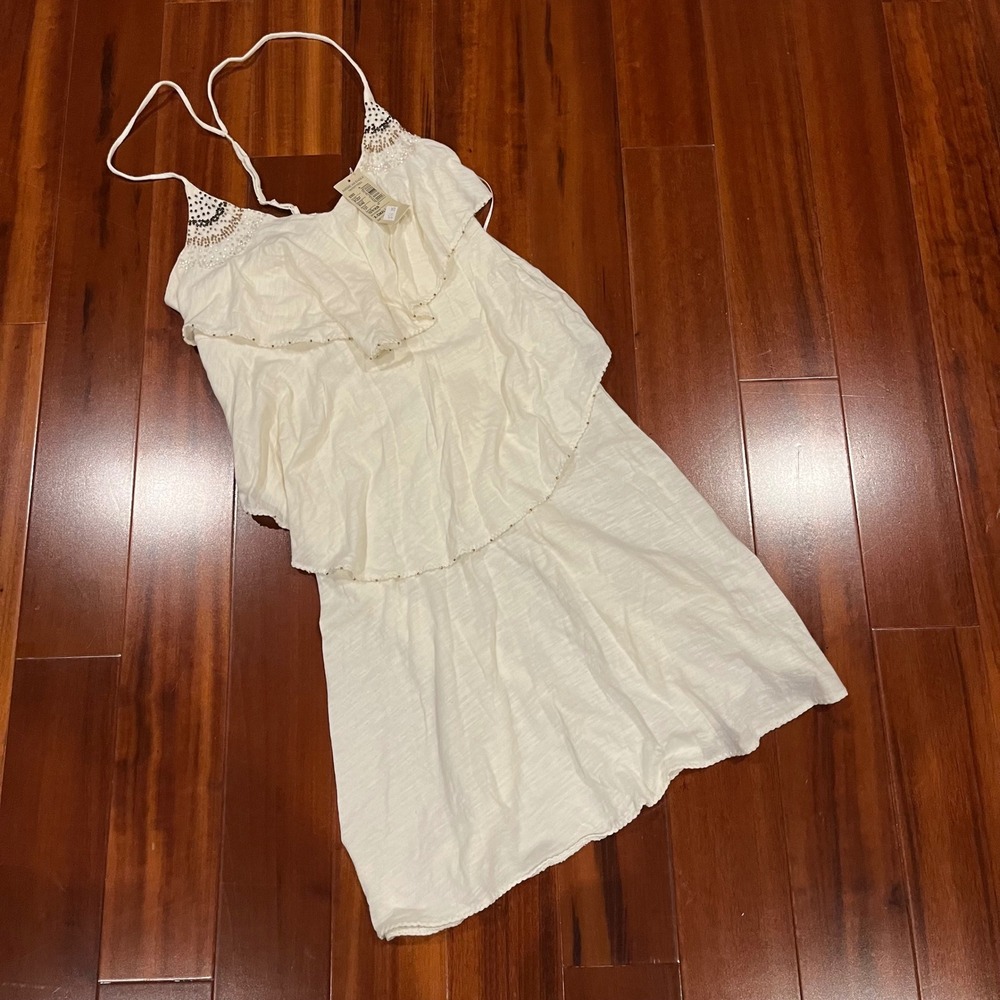 American Eagle‎ AE Dress White Beaded Ruffle Tier Mini Dress Boho New Size XS